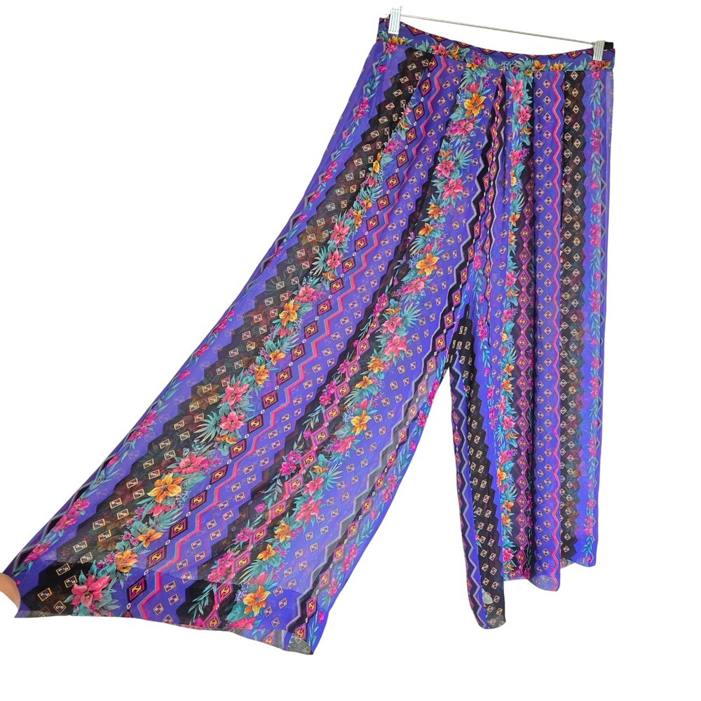 Vintage 100% Silk Sheer Wide Leg Cropped Palazzo Pants Sz 14 Boho Resortwear - Picture 3 of 10
